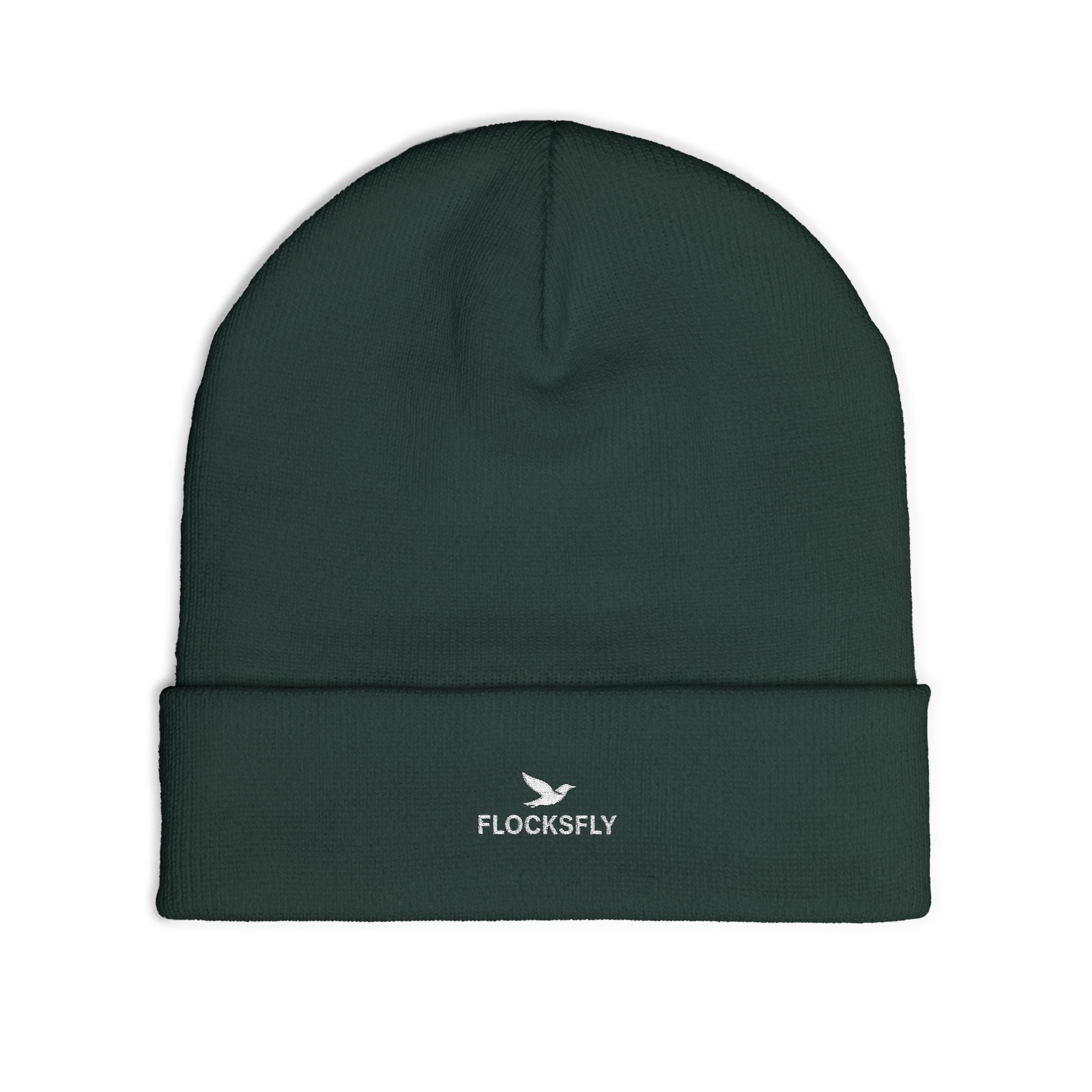 Embroidered 'FLOCKSFLY' Knit Beanie with Dove Logo — Cozy Winter Hat