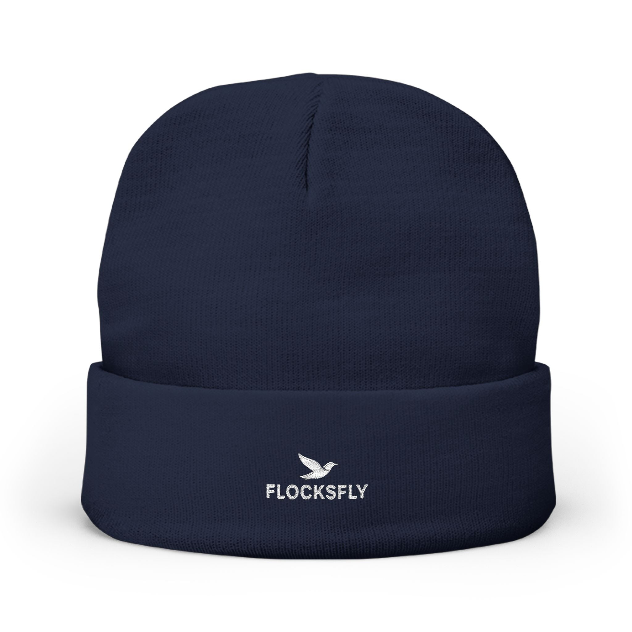 Embroidered 'FLOCKSFLY' Knit Beanie with Dove Logo — Cozy Winter Hat