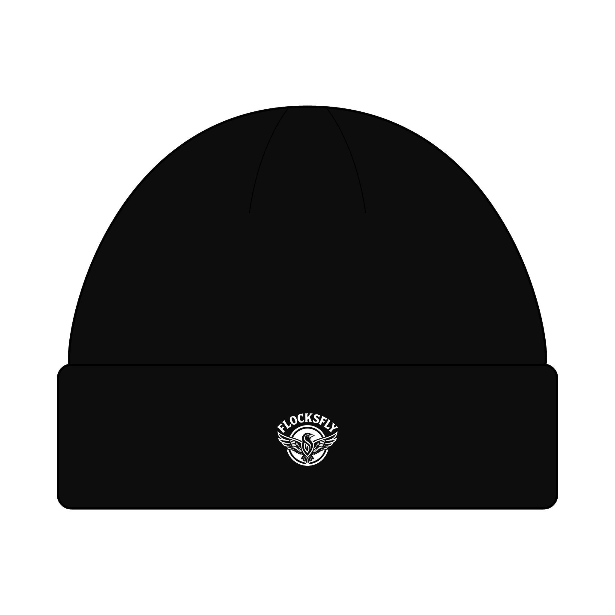 Minimal Logo Cuff Beanie — Small Embroidered 'FLOCKSFLY' Patch