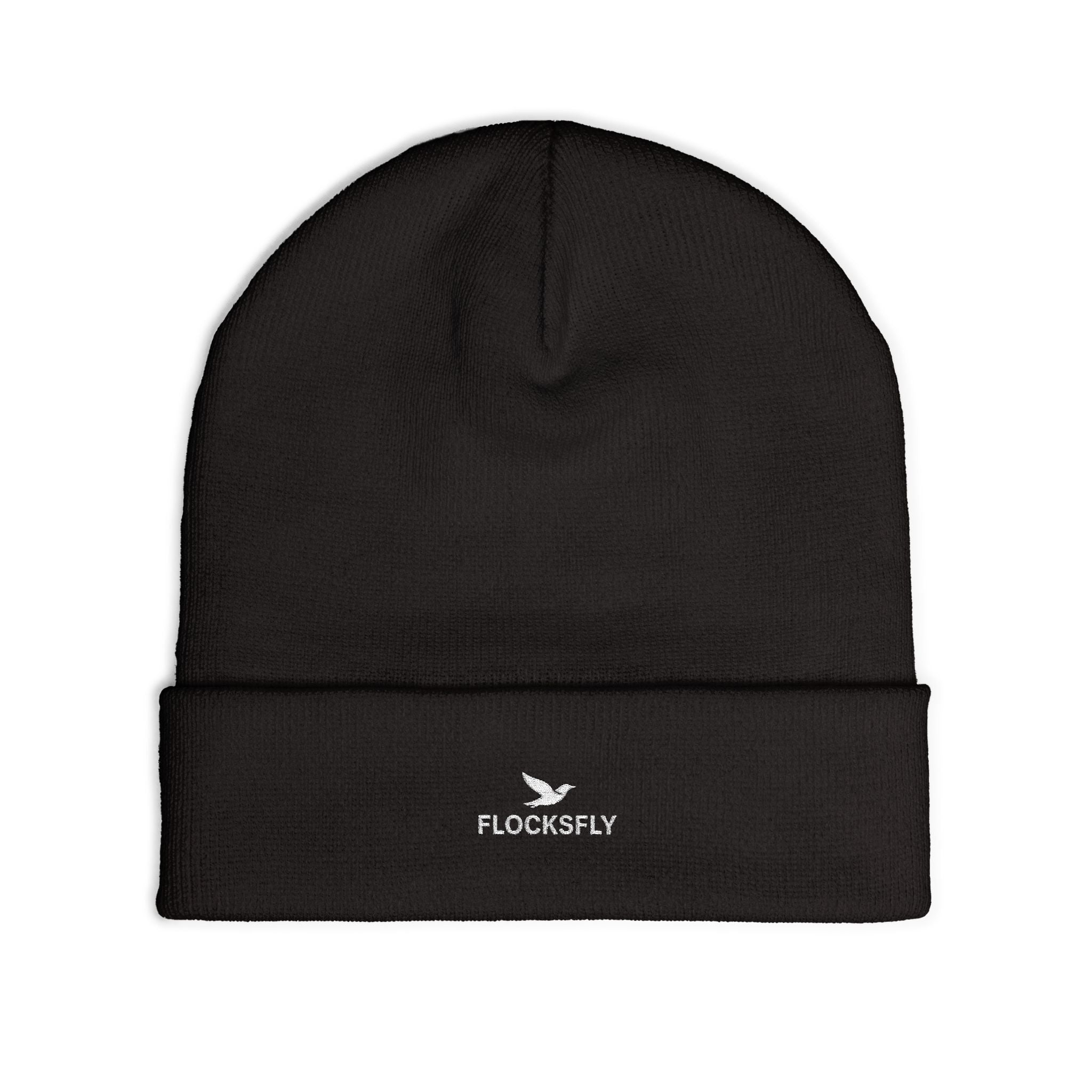Embroidered 'FLOCKSFLY' Knit Beanie with Dove Logo — Cozy Winter Hat