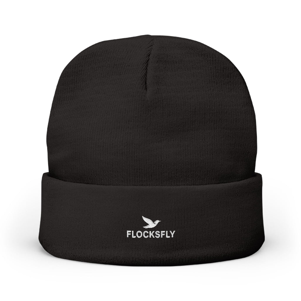 Embroidered 'FLOCKSFLY' Knit Beanie with Dove Logo — Cozy Winter Hat
