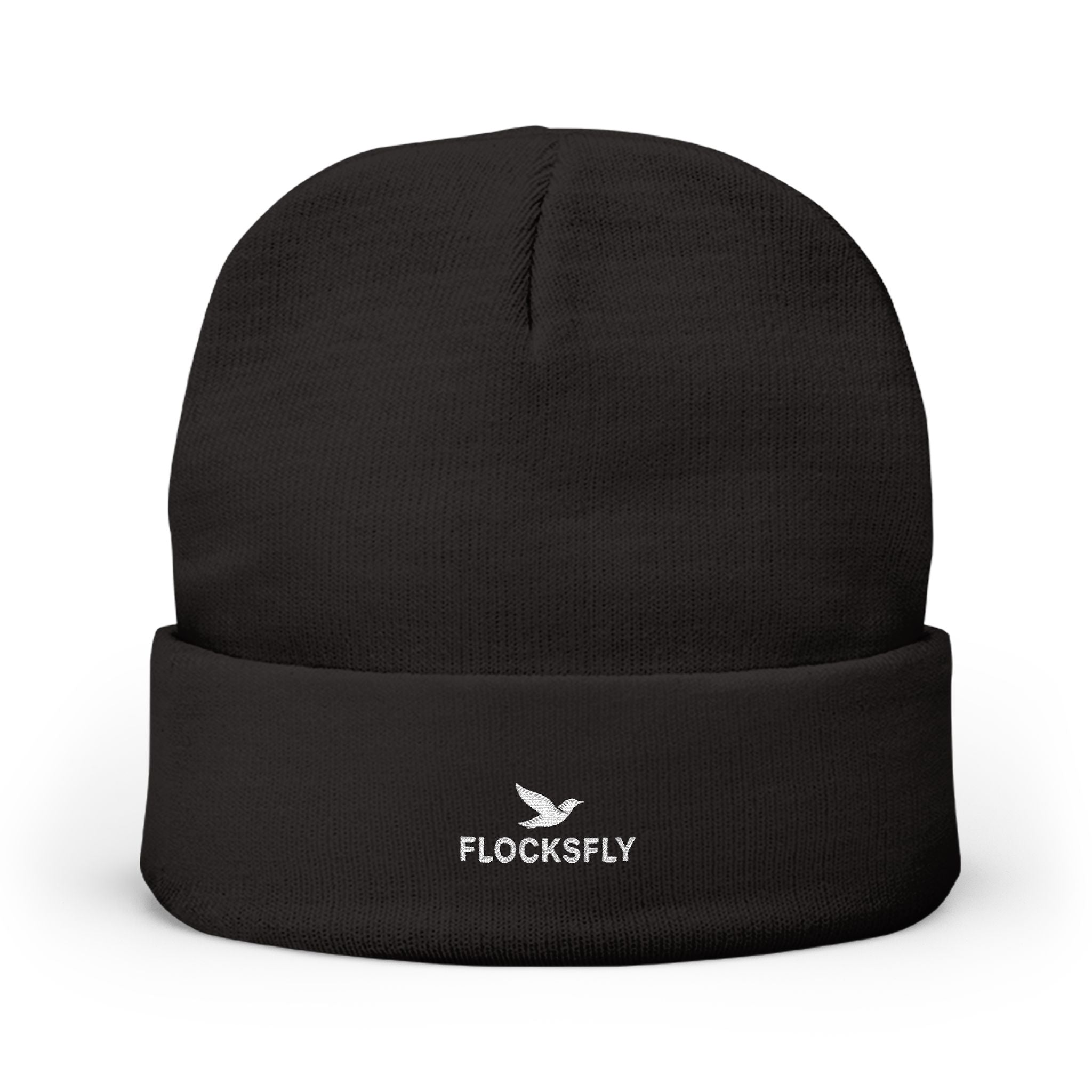 Embroidered 'FLOCKSFLY' Knit Beanie with Dove Logo — Cozy Winter Hat