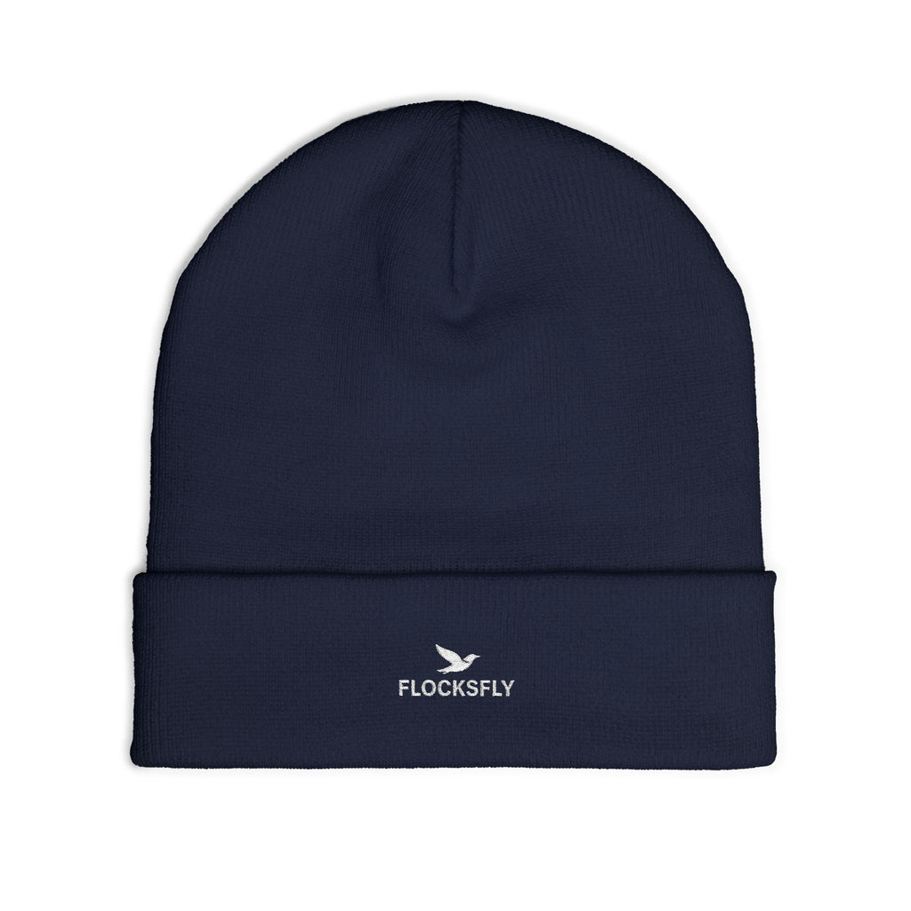 Embroidered 'FLOCKSFLY' Knit Beanie with Dove Logo — Cozy Winter Hat