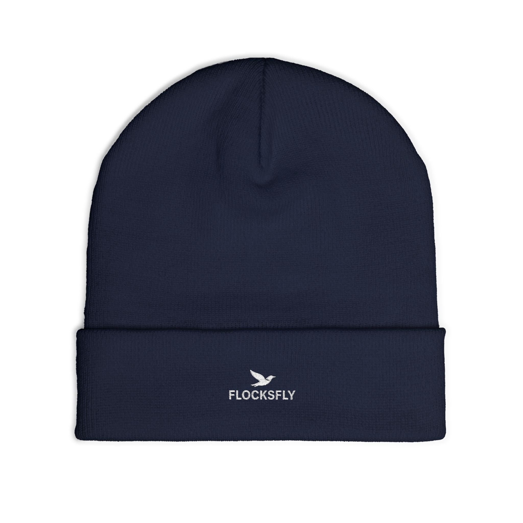 Embroidered 'FLOCKSFLY' Knit Beanie with Dove Logo — Cozy Winter Hat