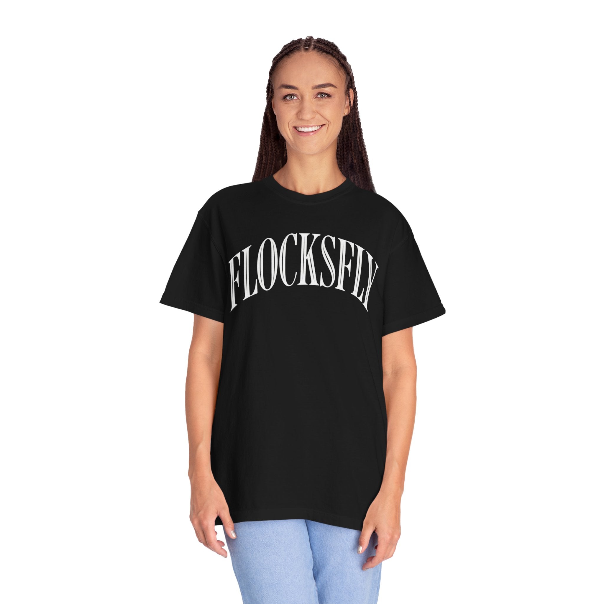 FlocksFly Arch Logo T‑Shirt — Vintage Black Graphic Tee
